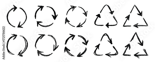 Set of hand drawn recycle arrow icon Recycling resources symbol Reuse of materials, zero waste, green environment, saving the planet