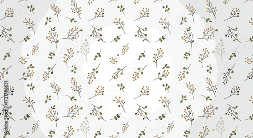 A delicate pattern of small botanical elements and faint circular overlays on a neutral background.