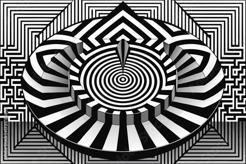 Intricate black and white optical illusion design featuring a spiral and geometric patterns