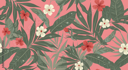 A vibrant tropical floral pattern with lush green leaves and delicate blossoms in coral pink.