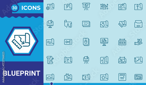 Minimalist blueprint line icons set.Editable stroke. Linear icons collection. Vector illustration.
