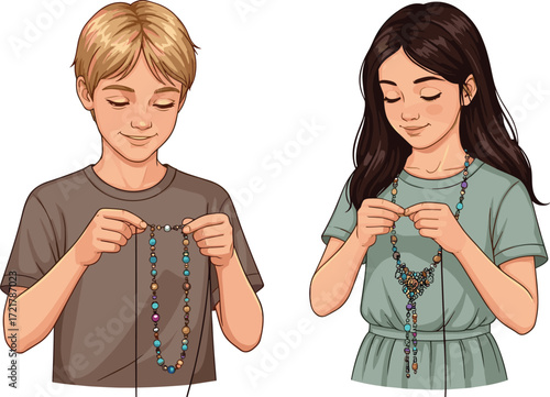 Children making beaded jewelry, boy and girl crafting necklace, creative kids activity, handmade art, fun learning project, cartoon illustration design