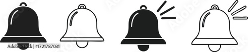 Four different bell icons representing notification states, with varying designs and actions.