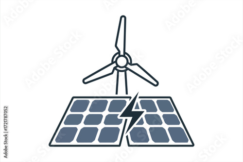 Wind turbine and solar panels with lightning bolt symbol renewable energy wind power