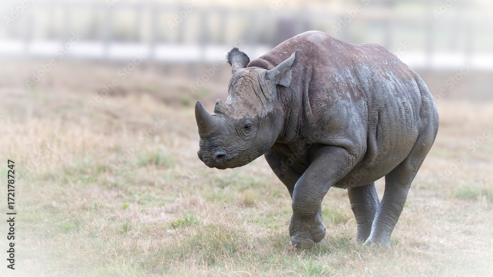 Fototapeta premium Black Rhinoceros Calf Standing in a Field