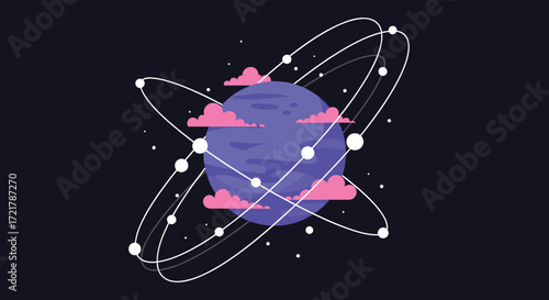 A stylized illustration of a purple planet with pink clouds orbiting in a dark cosmos with white dots and elliptical lines.