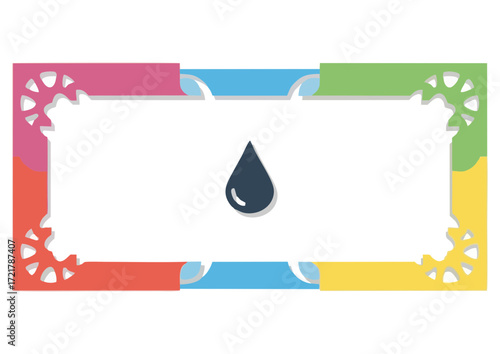 Black water droplet silhouette with leaf pattern on white background and copy space