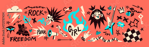 Doodle set of punk rock graffiti. Sketches of grunge tattoo with skull, guitar, heart, flower and flame. Scribble graffiti, drawing design elements, texts. Hand drawn isolated vector illustrations.