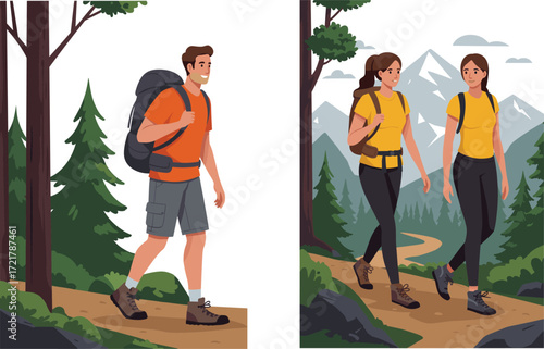 Hiking adventure in forest, solo and group trekking, mountain trail exploration, outdoor lifestyle, nature travel, fitness activity, scenic wilderness journey