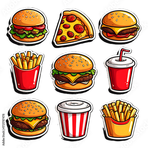 Cartoon fast food icon and sticker set