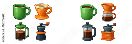 Colorful coffee mugs and brewing tools displayed on a simple background during the morning hours