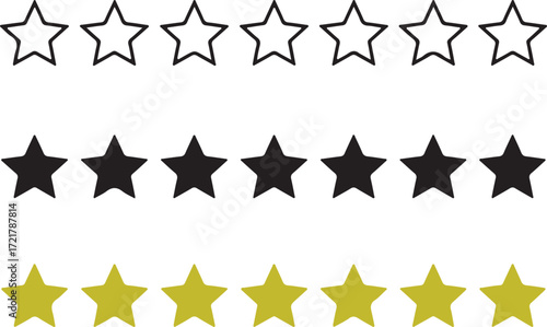 Illustration of three rows of stars, outline, black, and gold, isolated on white background