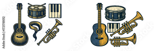 Musical instruments illustration featuring guitars, drums, trumpets, and piano keys in vibrant colors and designs