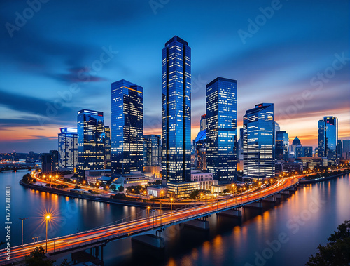 Modern downtown skyline, tall skyscrapers with glass facades