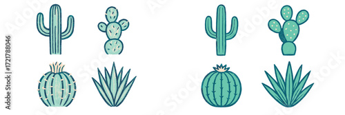 Various cacti and succulents illustrated in a colorful and simplistic style, perfect for nature lovers and plant enthusiasts