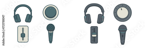 Various audio equipment including headphones, microphones, and mixing controls displayed in a graphic style