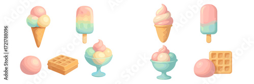 Colorful assortment of dessert treats including ice cream cones, popsicles, and waffles in a playful display