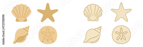 Various shapes of seashells and starfish displayed together on a neutral background showcasing their unique designs and textures