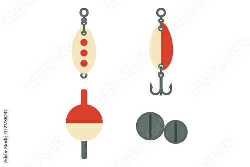 Various fishing lures and floats displayed together in a simple layout for outdoor enthusiasts and anglers