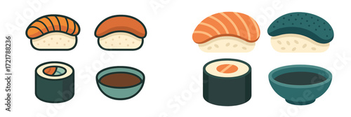 Different types of sushi with condiments displayed on a simple white background