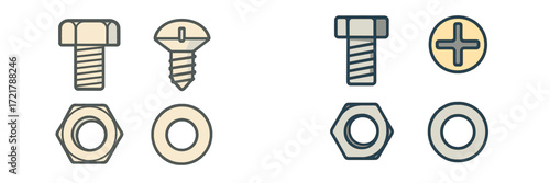 Different types of screws, bolts, and nuts on a plain background showcasing various fasteners and their structures