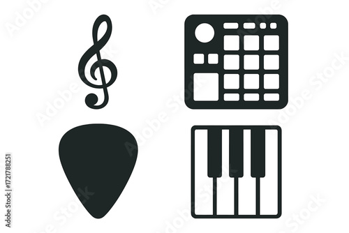 Musical instruments and symbols arranged creatively for artistic representation