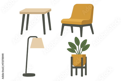 Modern furniture set showcasing a table, chair, floor lamp, and potted plant for stylish interior design