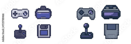 Collection of retro and modern video game controllers in pixel art style showcasing gaming evolution