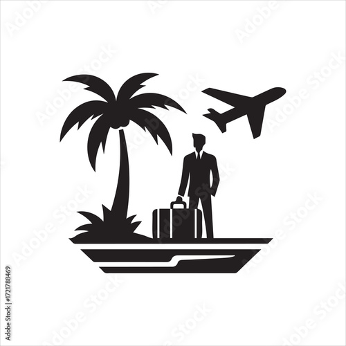 Businessman on Tropical Island Awaits Flight Departure.