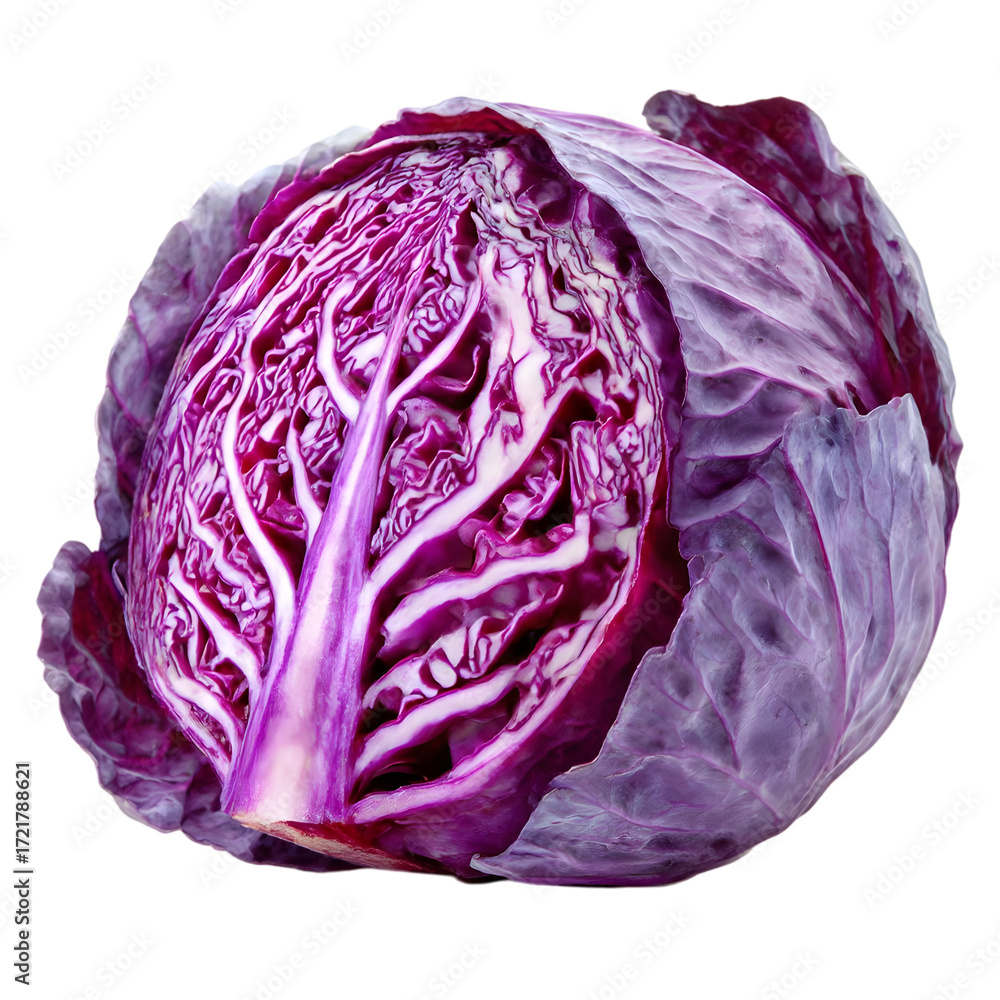 Fototapeta premium Half a head of purple cabbage isolated on transparent background