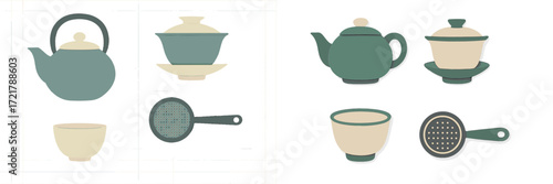 Stylish ceramic tea set collection featuring teapots, cups, and strainers in soft colors and simple design