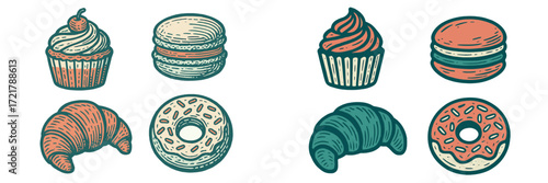 Colorful drawing of baked treats featuring cupcakes, macarons, croissants, and donuts arranged artistically on a white background