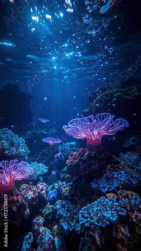 Sunlight filtering through water illuminating vibrant coral reef