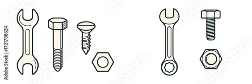 Different types of tools including wrenches, screws, and nuts displayed together for easy identification