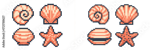 Pixel art representation of seashells and starfish in a colorful seaside theme