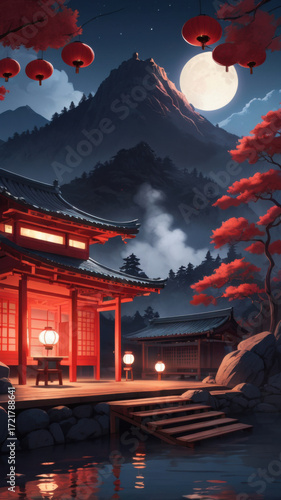 Japanese temple illuminated by lanterns under full moon