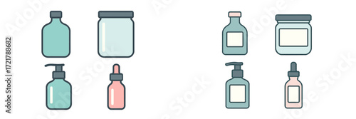 Variety of pastel-colored bottles and jars for skincare products displayed on a white background