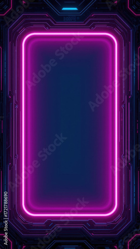 Vibrant neon frame illuminating futuristic circuitry background