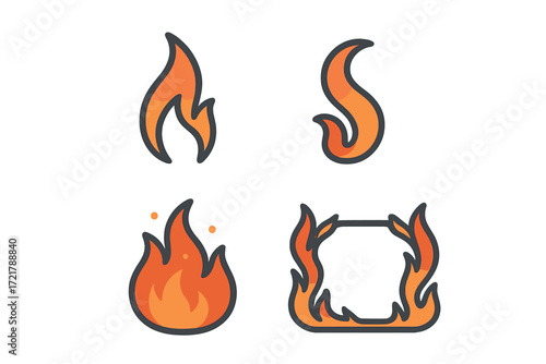 Various flame designs showing different shapes and styles in bright colors and smooth outlines for creative projects