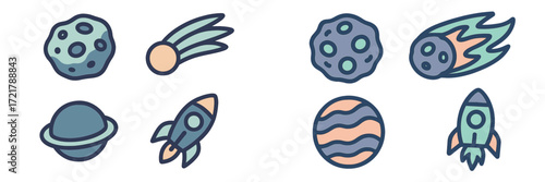 Colorful collection of space-themed illustrations featuring rockets, planets, and celestial bodies in a playful design
