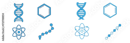 Scientific symbols representing DNA, molecules, and atomic structures in blue tones