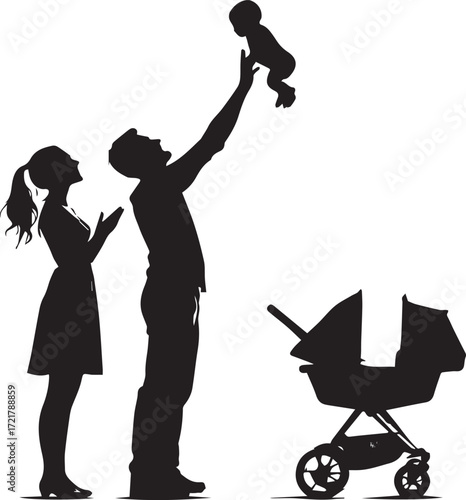 Black and white silhouette of joyful family scene with adults, baby lifted in air, and stroller, symbolizing love and parenthood