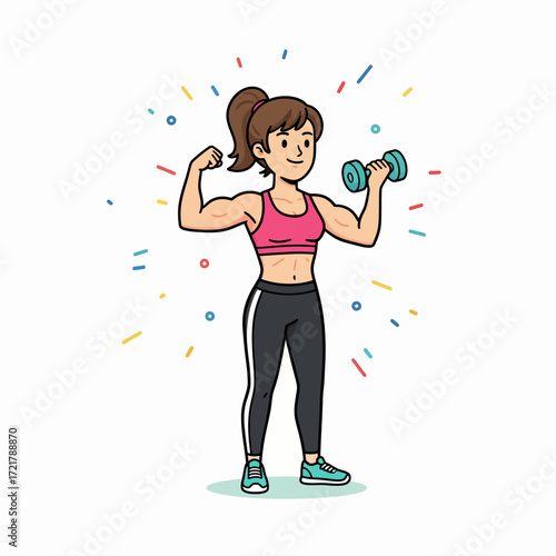 A cartoon drawing of a fit woman with a ponytail, flexing her bicep while holding a dumbbell.