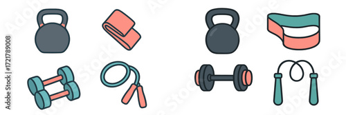 Workout equipment includes kettlebells, resistance bands, dumbbells, and jump rope for fitness enthusiasts at home