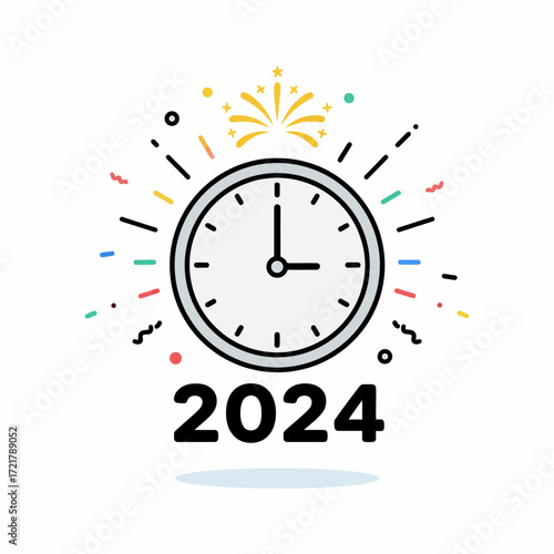 A clock nearing midnight with "2024" and fireworks, celebrating the New Year's Eve countdown and new beginnings.