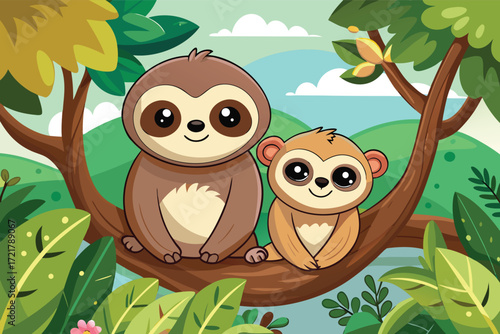 Two sloths resting peacefully on a tree branch in a lush green forest setting during a sunny day