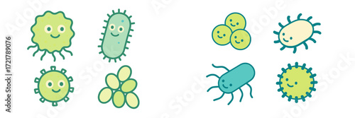Colorful cartoon illustrations of friendly microbes and bacteria in a playful design for educational purposes