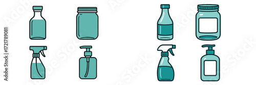 Variety of containers for liquids and cleaning supplies displayed in a simple arrangement