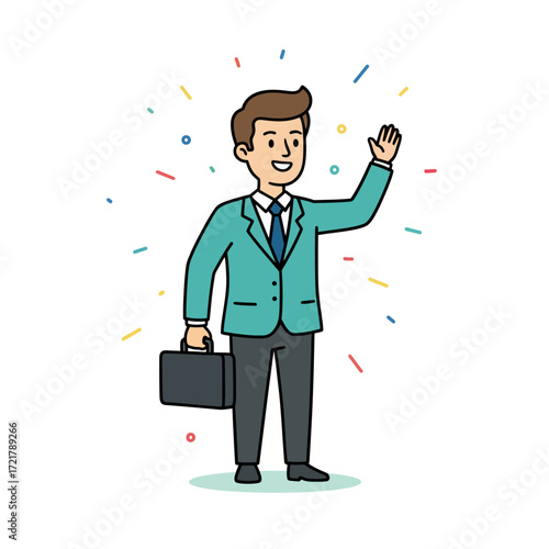 A welcoming cartoon businessman in a suit, waving hello and holding a briefcase, surrounded by colorful celebratory dashes.