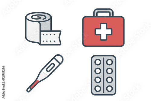 First aid supplies and medical items for treating illness or injury at home, including a roll of bandage, thermometer, and medication